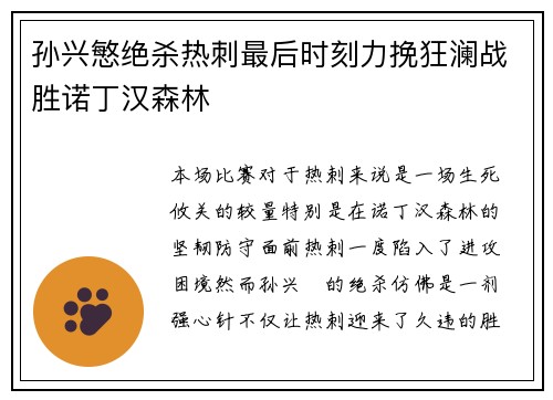 孙兴慜绝杀热刺最后时刻力挽狂澜战胜诺丁汉森林